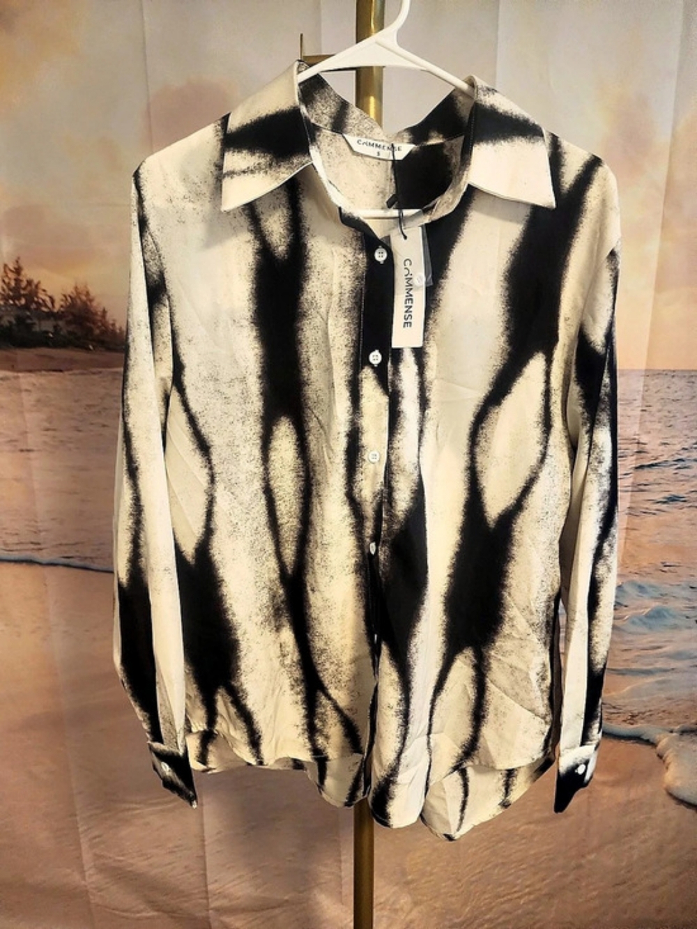 COMMENSE Abstract Button Down Shirt in Black & White Size Small NWT